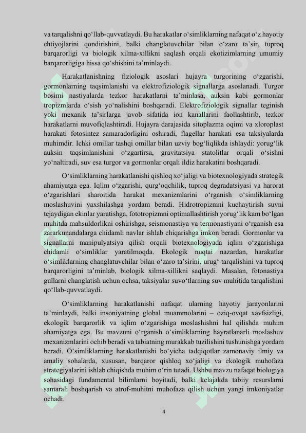 Mavzu: “O‘simliklarning harakatlanishi”. KURS ISHI 4
