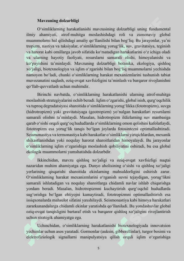 Mavzu: “O‘simliklarning harakatlanishi”. KURS ISHI 5
