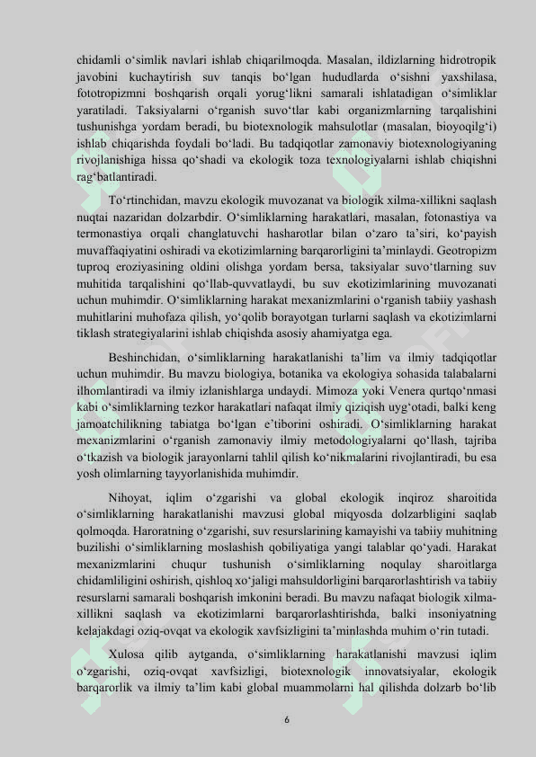 Mavzu: “O‘simliklarning harakatlanishi”. KURS ISHI 6