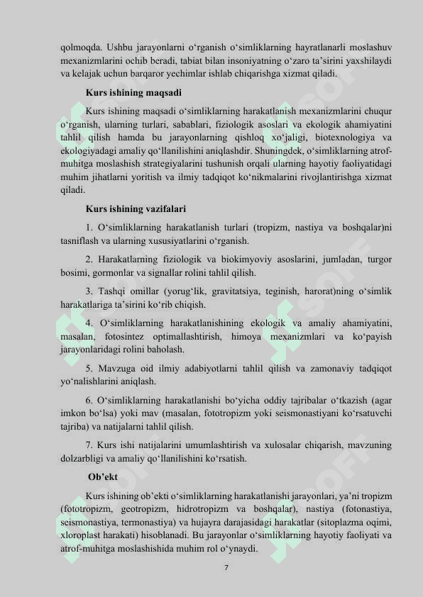 Mavzu: “O‘simliklarning harakatlanishi”. KURS ISHI 7