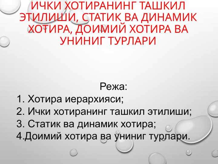 Хотира иерархияси, ички хотиранинг ташкил этилиши, статик ва динамик хотира, доимий хотира ва униниг турлари
