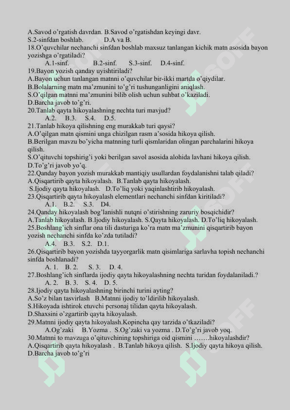Ona tili oʻqitish metodikasi fanidan oraliq nazorat uchun test savollari 2