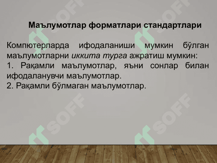 Ma’lumotlar formatlari standartlari, tashqi qurilmalar bilan ma’lumot almashish, interfeyslarni tashkil etilishi 2