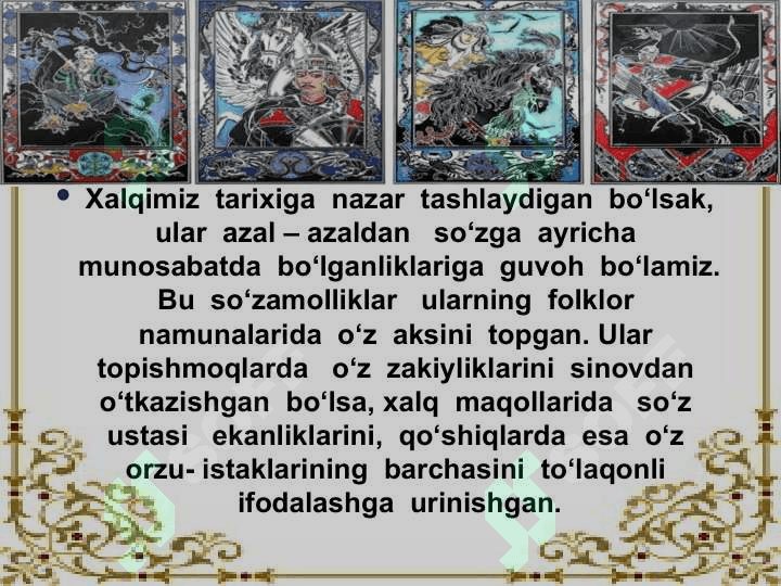 Qadimgi davr o`zbek folklorlari etnomadaniyat tarixida muhim manba 3