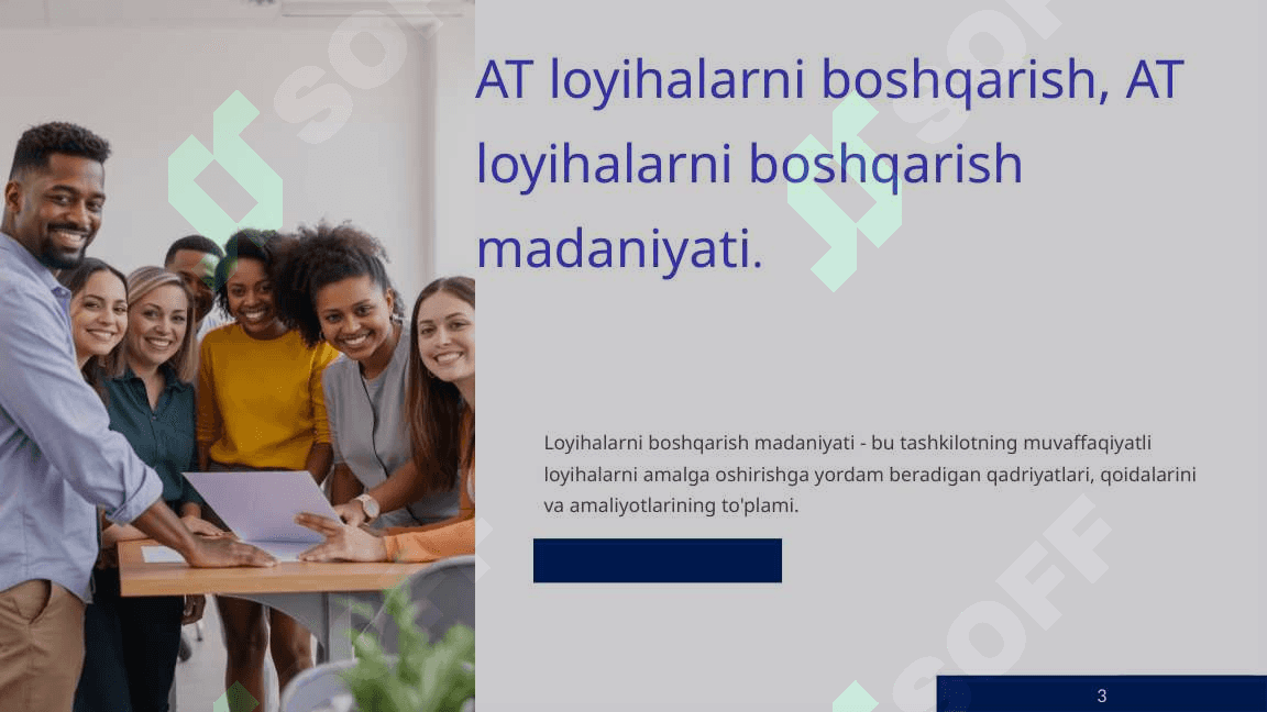 AT loyihalarni boshqarish madaniyati, loyiha boshqaruvida qo’yiladigan talablar, loyiha boshqaruvi hayot sikli. 3