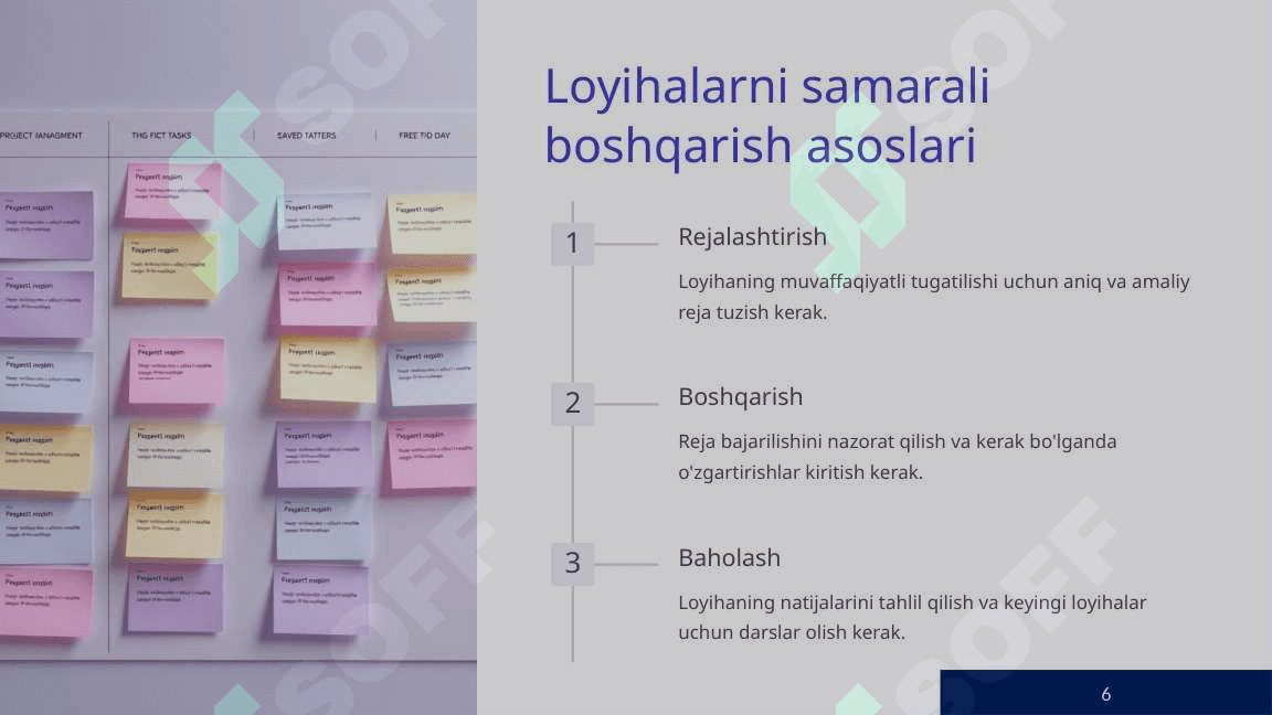 AT loyihalarni boshqarish madaniyati, loyiha boshqaruvida qo’yiladigan talablar, loyiha boshqaruvi hayot sikli. 6