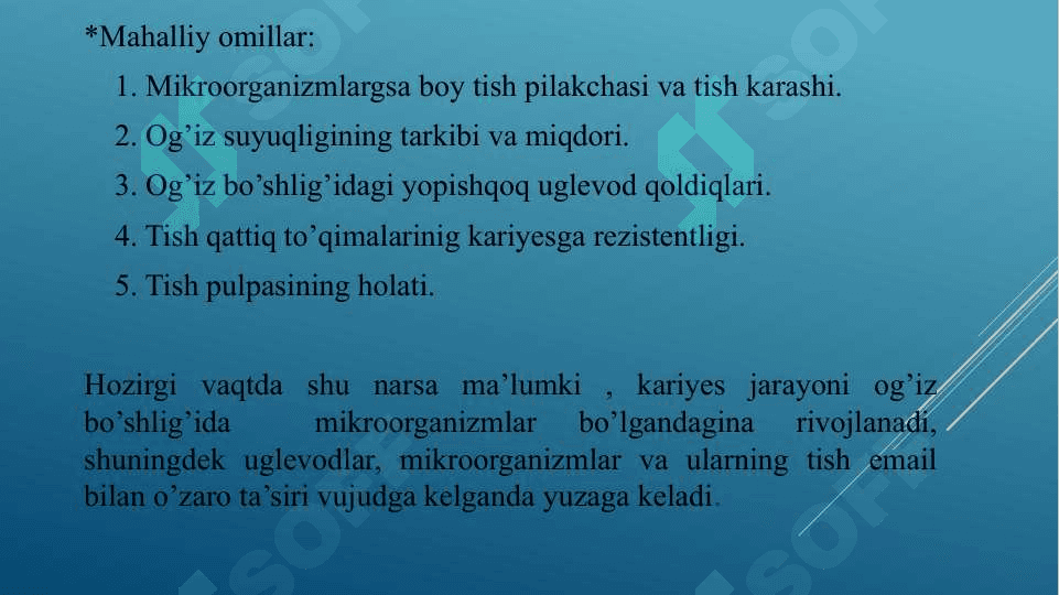Kariyes kelib chiqishida mikroorganizmlarning ro’li . O’g’iz bo’shlig’ida kariyesogen muhit 3