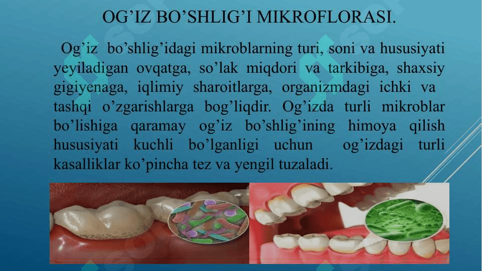 Kariyes kelib chiqishida mikroorganizmlarning ro’li . O’g’iz bo’shlig’ida kariyesogen muhit 6
