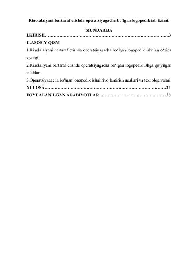 Rinolalaiyani bartaraf etishda operatsiyagacha bo‘lgan logopedik ish tizimi.