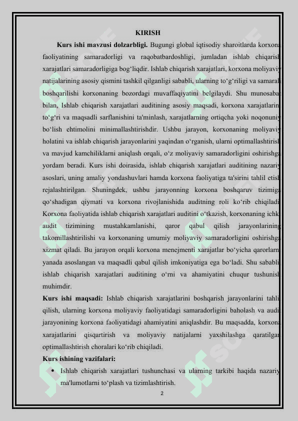 KORXONA FAOLIYATIDA ISHLAB CHIQARISH XARAJATLARI AUDITI 2