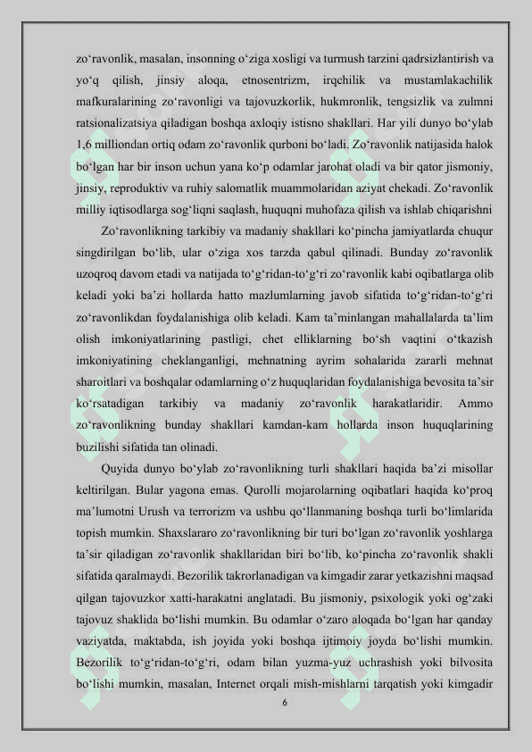 Tazyiqni, zo‘ravonlikni yoki shavqatsizlikni targ‘ib qiluvchi maxsulotni tayyorlash, olib kirish, tarqatish, reklama qilish, namoyish etish jinoyatining jinoiy huquqiy tavsifi. (nazariya va amaliyot) 6