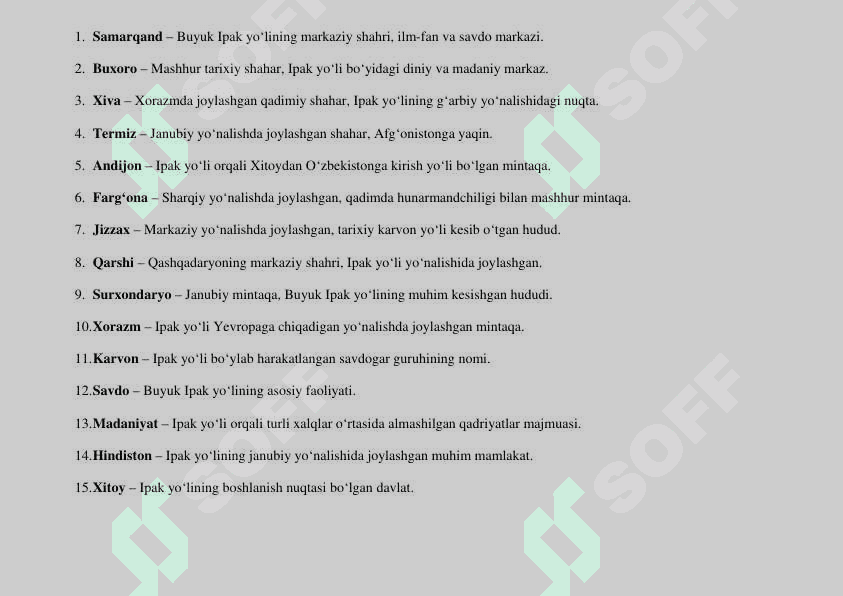 O‘ZBEKISTONNING QAYSI MINTAQALARIDAN «BUYUK IPAK YO‘LI»NING ASOSIY QISMI KESIB O‘TGAN MAVZUSIDA TAQDIMOT TEST VA KROSSVORD 2