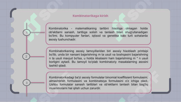 Kombinatorikaning asosiy prinsipi va kombinatorikaning baʼzi formulalari 3