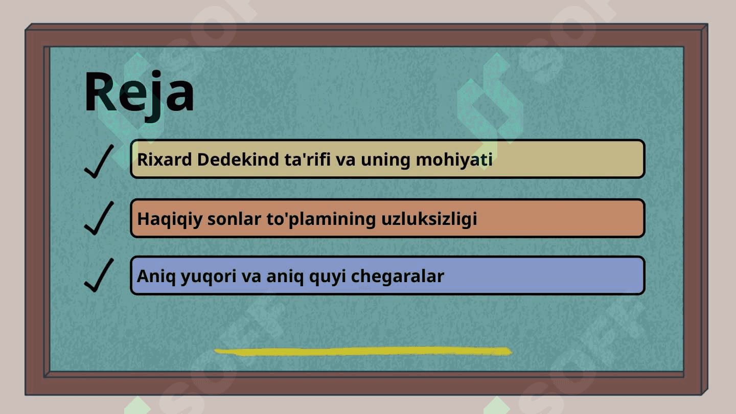 Irratsional sonning tarifi (Rixard Dedekind tarifi boʻyicha).Haqiqiy sonlar toʻplamining uzluksizligi.Sonlar toʻplamining chegaralari.Aniq yuqori va aniq quyi chegaralar.Berngard Bolsano teoremasi 2