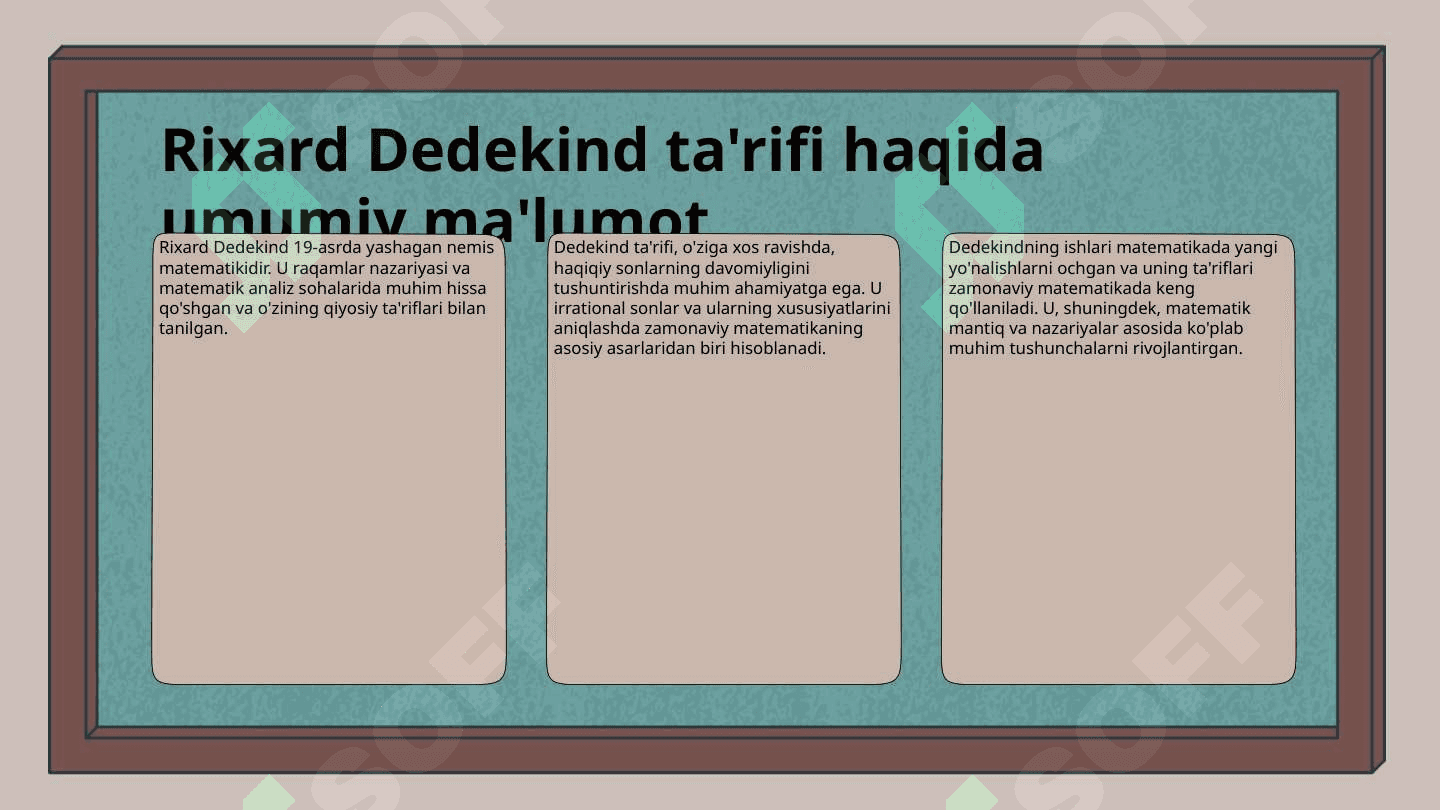 Irratsional sonning tarifi (Rixard Dedekind tarifi boʻyicha).Haqiqiy sonlar toʻplamining uzluksizligi.Sonlar toʻplamining chegaralari.Aniq yuqori va aniq quyi chegaralar.Berngard Bolsano teoremasi 3