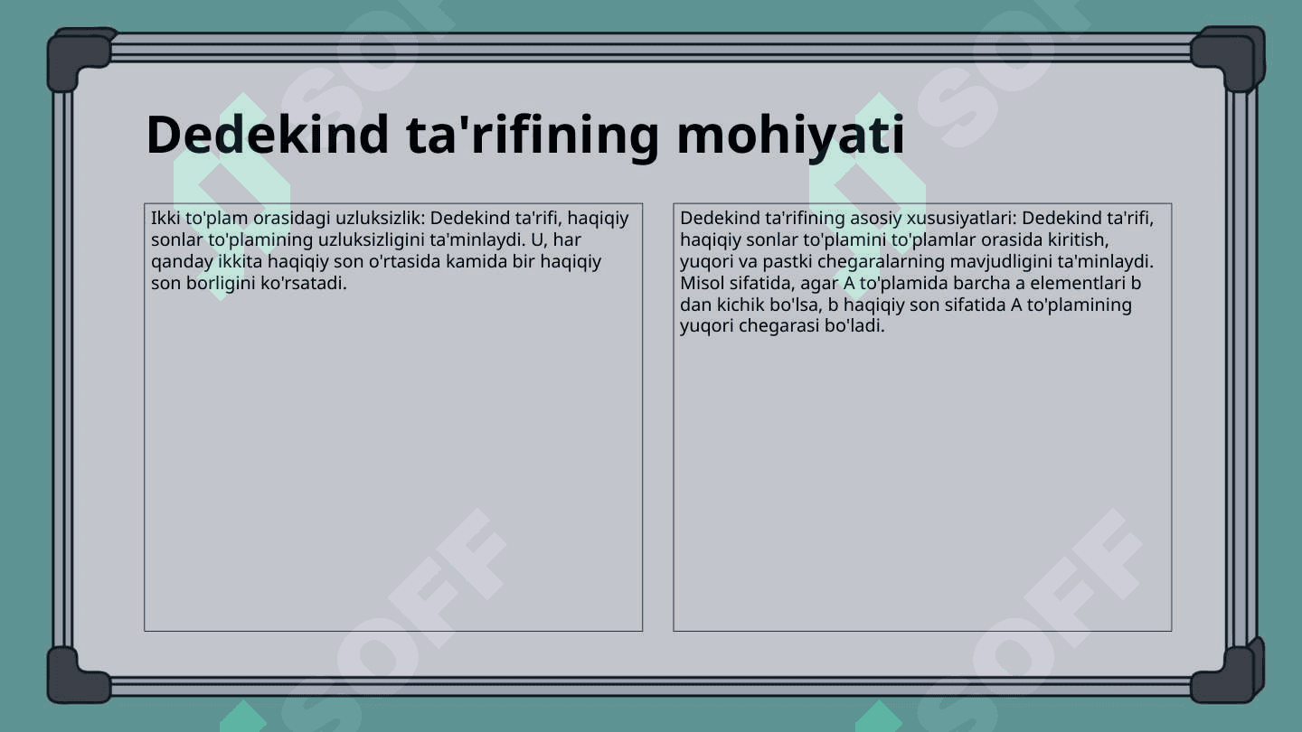 Irratsional sonning tarifi (Rixard Dedekind tarifi boʻyicha).Haqiqiy sonlar toʻplamining uzluksizligi.Sonlar toʻplamining chegaralari.Aniq yuqori va aniq quyi chegaralar.Berngard Bolsano teoremasi 4