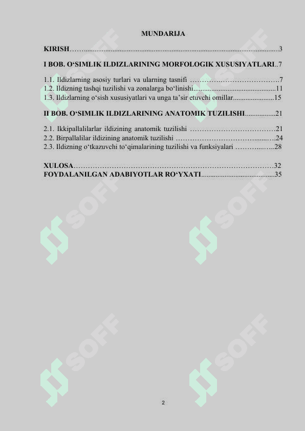 O‘simlik ildizlarining tuzilishi ,marfalogik va anatomik xususiyatlari. 2