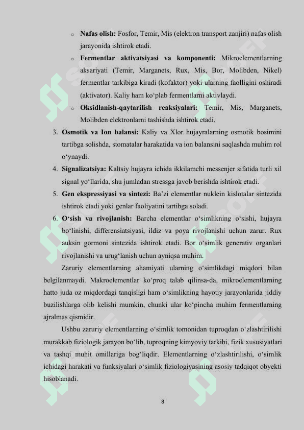 O‘simliklarda mineral oziqlanish fiziologiyasi. Makro va mikro elementlar. 8
