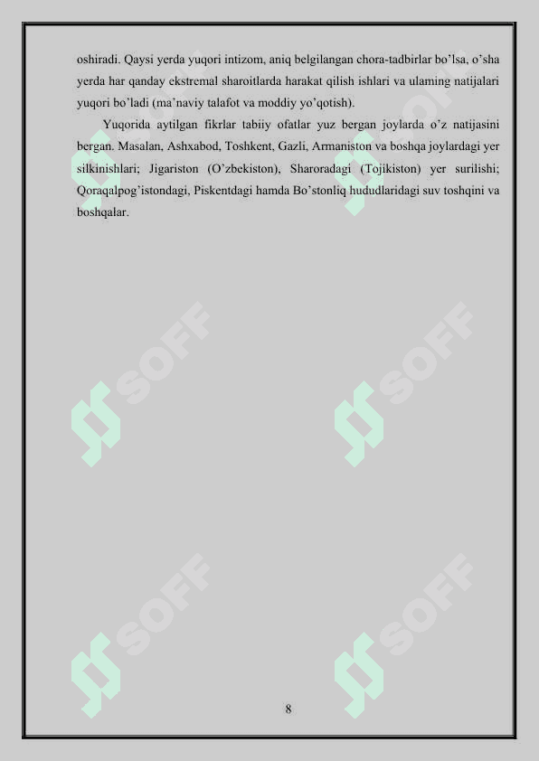 Tabiiy xususiyatli favqulodda vaziyatlarda avariya-qutqaruv va boshqa kechiktirib bo’lmaydigan ishlarni olib borish 8