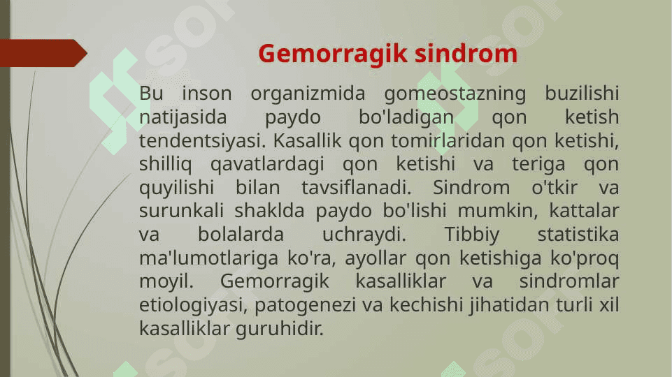 Gemorragik sindrom. Massiv qon yo‘qotish, gomologik qon, DVS sindromi klinikasi, diagnostikasi. Tez tibbiy yordam ko‘rsatish usullari. UASH taktikasi.Isitma sindromi. Sepsis. Klinikasi, diagnostikasi. Septik shokda tez tibbiy yordam ko‘rsatish. UASH taktikasi 2