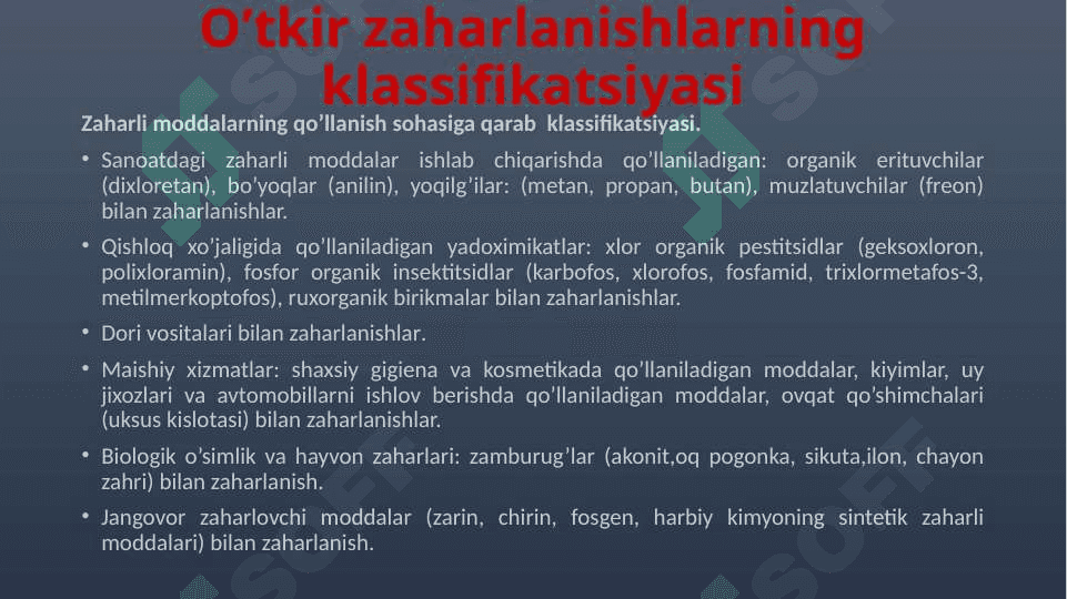 O‘tkir ekzogen zaharlanish sindromi. Zaxarlanishlar. FOB, barbituratlar, narkotik vositalar, alkogol surrogatlari, Qo‘ziqorin, kislota va ishqorlar bilan zaxarlanish. Klinikasi, diagnostikasi, zaxarlanishda birinchi tez tibbiy yordam ko‘rsatish, UASH taktikasi. 2