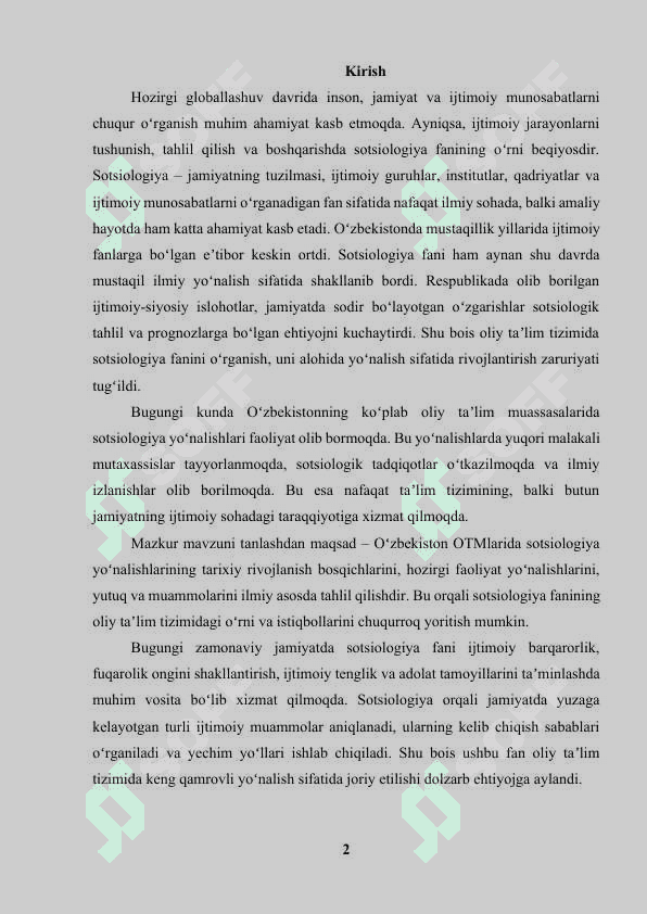 Oʻzbekiston OTMlarida mavjud boʻlgan sotsiologiya yoʻnalishlari tarixi va faoliyati. 2
