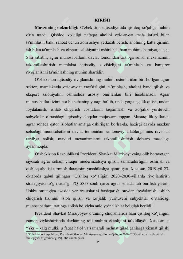 O‘zbekistonda agrar munosabatlarni davlat tomonidan tartibga solish mexanizmini takomillashtirish. 2