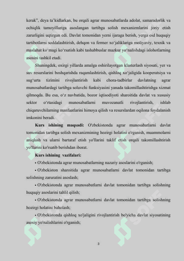 O‘zbekistonda agrar munosabatlarni davlat tomonidan tartibga solish mexanizmini takomillashtirish. 3
