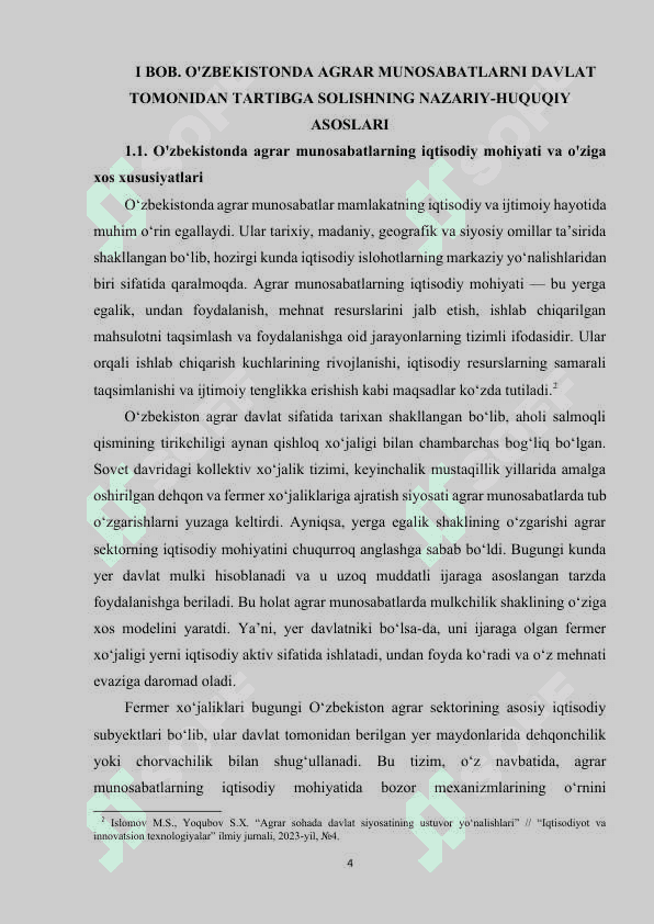 O‘zbekistonda agrar munosabatlarni davlat tomonidan tartibga solish mexanizmini takomillashtirish. 4