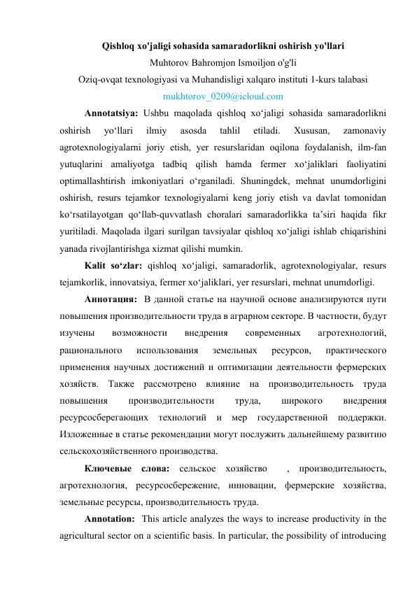 Qishloq xo'jaligi sohasida samaradorlikni oshirish yo'llari