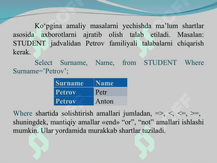 Ma’lumotlar ma’lumotlarni manipulyatsiya qilish. Oddiy so’rovlar yaratish 2