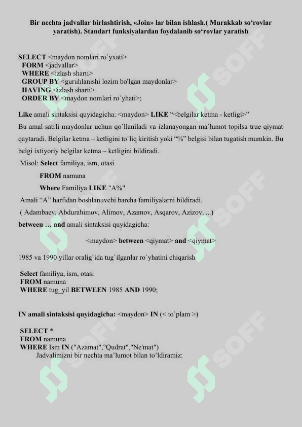 Bir nechta jadvallar birlashtirish, «Join» lar bilan ishlash.( Murakkab so‘rovlar yaratish). Standart funksiyalardan foydalanib so‘rovlar yaratish 2