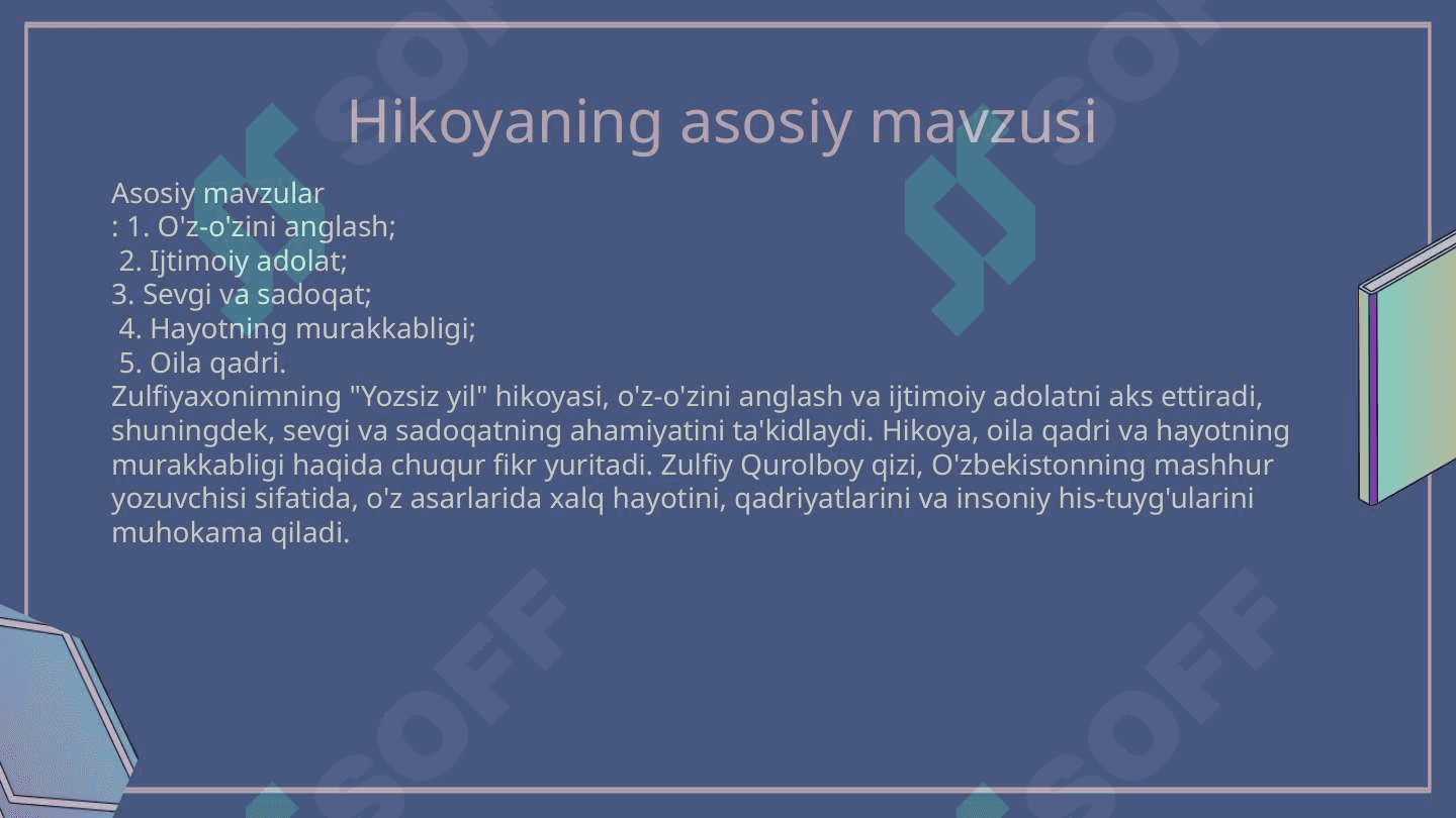Zulfiya Qurolboy qizi  " Yozsiz yil" hikoyasi 10 sinflarga mosligi va uni o'qitilishi 3