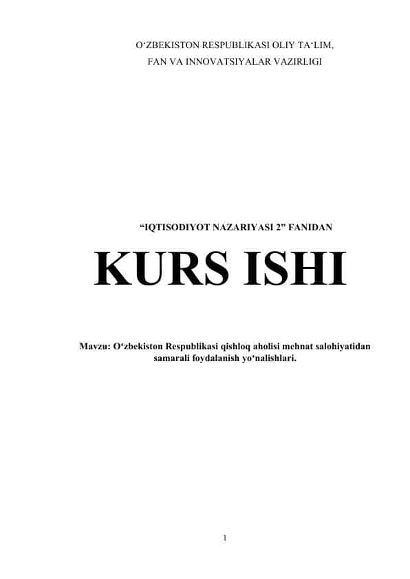 Oʻzbekiston Respublikasi qishloq aholisi mehnat salohiyatidan samarali foydalanish yoʻnalishlari
