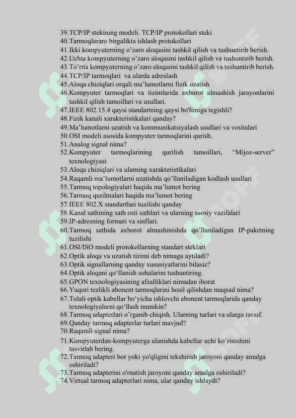 Ma’lumotlar kommunikatsiyasi fanidan savollar bazasi 2