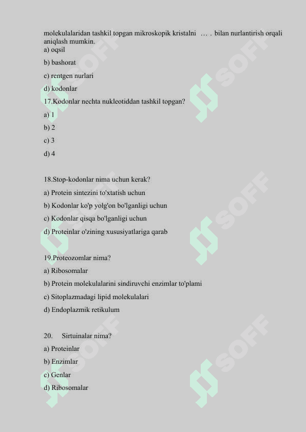 Bioinformatika testlar to'plami 4