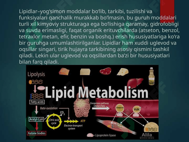 Lipidlar almashinuvi. Lipidlarning katabolizmi. Lipaza, fosfolipaza kabi lipolitik fermentlar. Yog’lar emulsiyasi, o’t pufagidagi safro kislotalarining roli 2