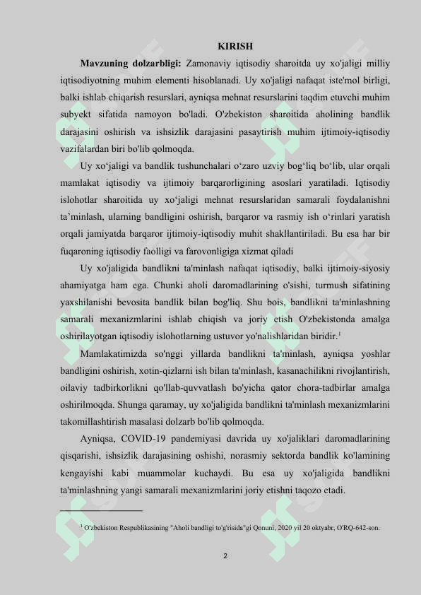 Uy xo‘jaligida bandlikni ta'minlashning iqtisodiyot mexanizmini takomillashtirish. 2