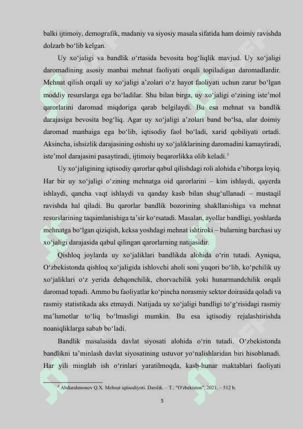 Uy xo‘jaligida bandlikni ta'minlashning iqtisodiyot mexanizmini takomillashtirish. 5