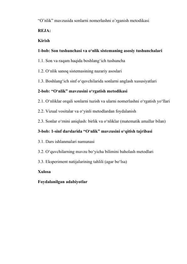 “O’nlik” mavzusida sonlarni nomerlashni o’rganish metodikasi 1