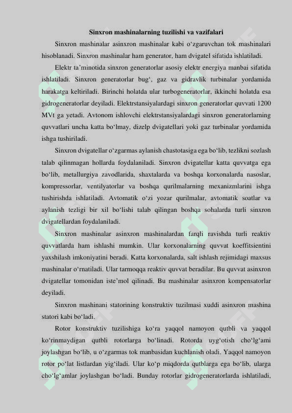 Sinxron dvigatellar va sinxron kompensatorlar 2