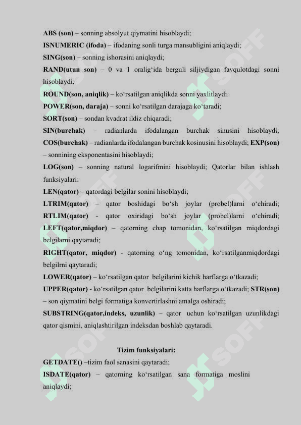 Maʼlumotlar bazasi SQL operatorlarining ishlatilishi 3