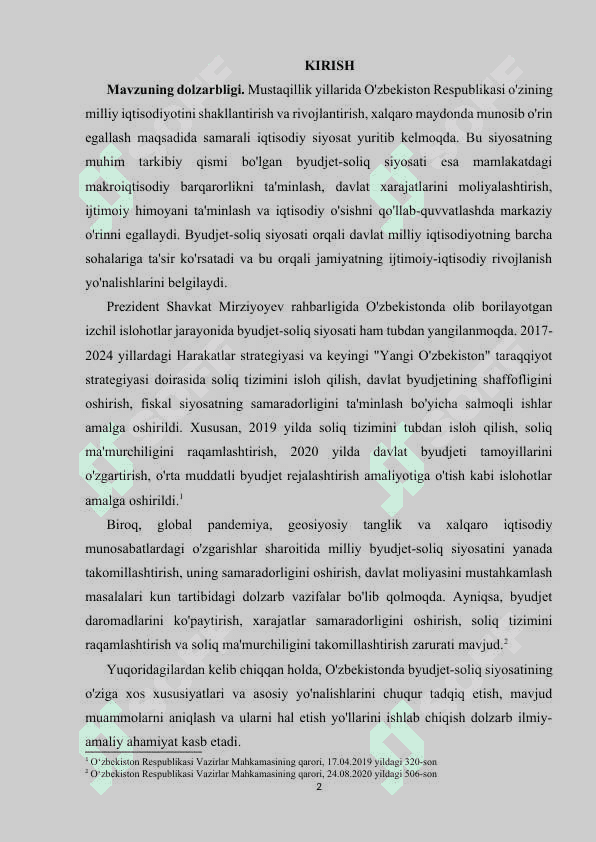 Oʻzbekistonda byudjet-soliq siyosatining oʻziga xos xususiyatlari va asosiy yoʻnalishlari. 2