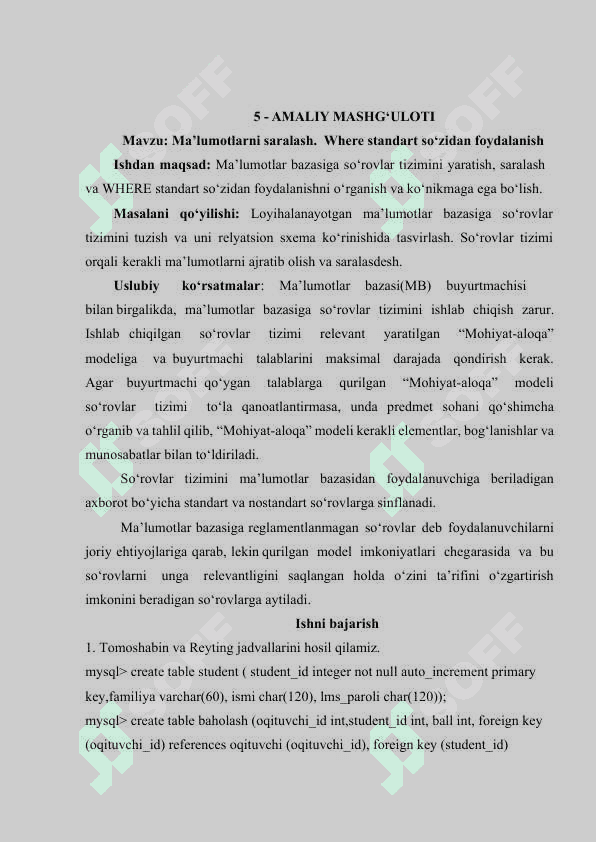 Maʼlumotlar bazasi SQL operatorlarining qoʻllanishi 2
