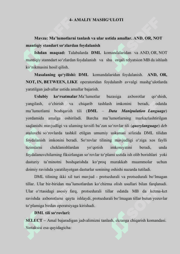 Ma'lumotlar bazasi SQL operatorlarining qoʻllanishi 2