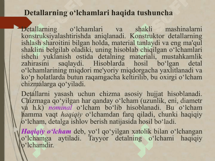 O‘zaroalmashunuvchanlik va uning turlari. Birikma. Silliq silindrik birikmalar. O‘lcham va og‘ishlar haqida tushunchaO‘zaroalmashunuvchanlik va uning turlari. Birikma. Silliq silindrik birikmalar. O‘lcham va og‘ishlar haqida tushuncha 6