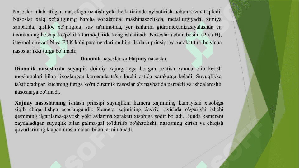 MAXSUS NASOS STANSIYALARI VA  SOHALAR BO’YICHA QO’LLANILISHI 4