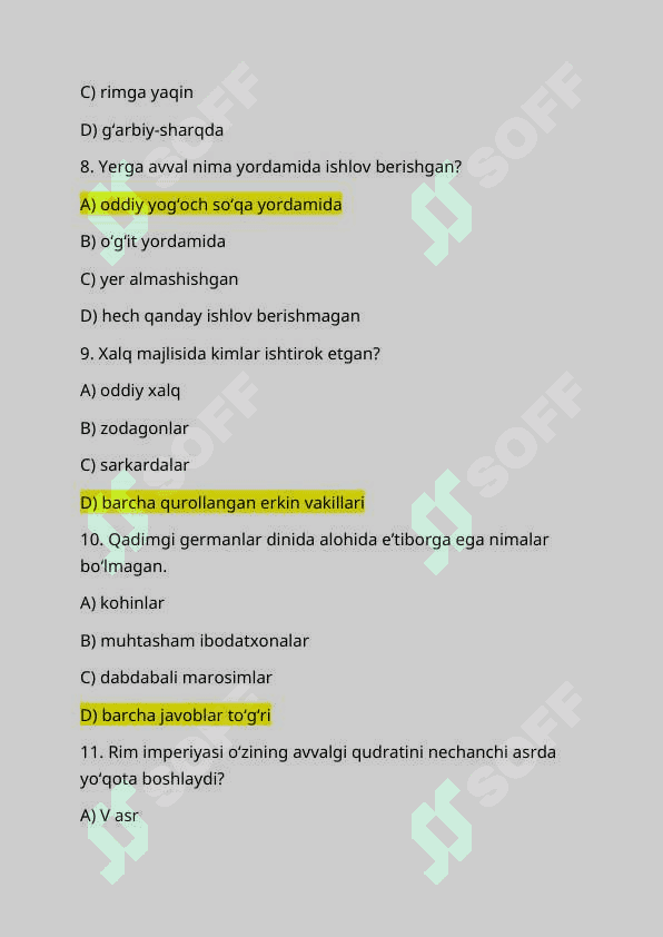 Tarix | 7-Jahon tarixi | Mavzulashtirilgan test sinovlari | Javoblari bilan 3