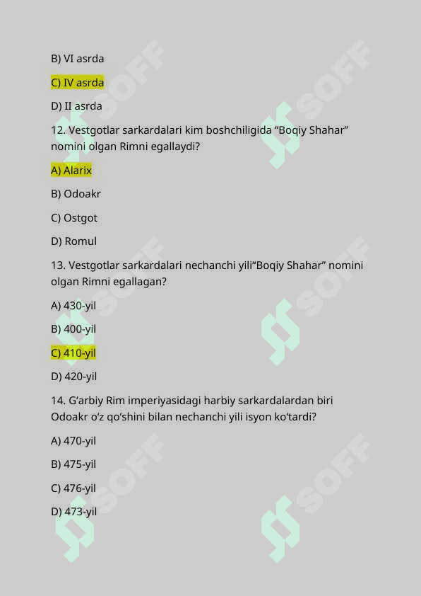 Tarix | 7-Jahon tarixi | Mavzulashtirilgan test sinovlari | Javoblari bilan 4