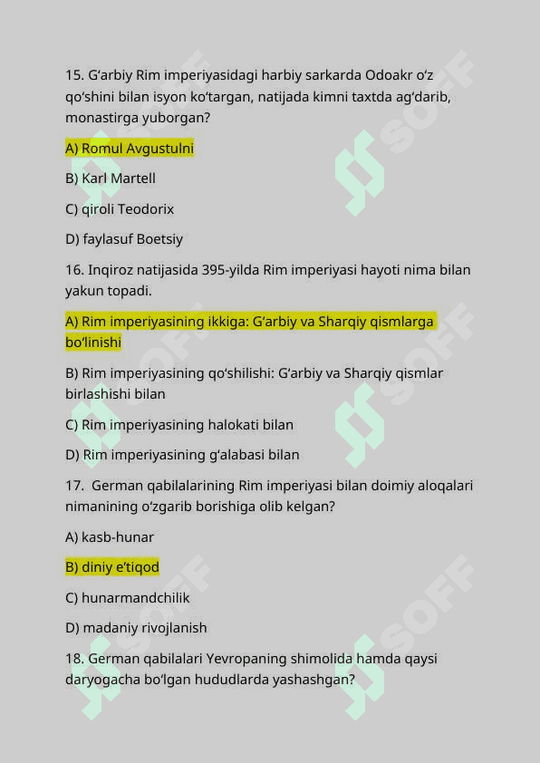 Tarix | 7-Jahon tarixi | Mavzulashtirilgan test sinovlari | Javoblari bilan 5